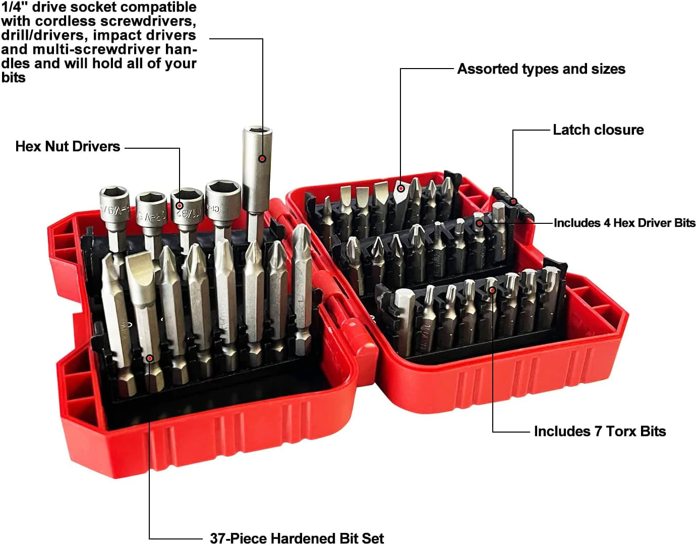 CRAFT 37-Piece Impact Driver Bit Set with Magnetic Holder – Phillips, Torx, Slotted, Hex & Nut Drivers